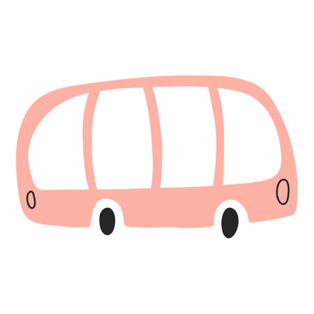 Vector illustration of passenger bus isolated on white background in flat cartoon hand drawn style. Childish transport icon for nursery, baby apparel, textile and product design, wallpaper, wrapping paper, card, scrapbooking.のイラスト素材