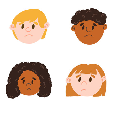 Facial expression of young boy and girl face in cartoon style, vector illustrations isolated on white background. Feelings of depression, frustration, gloom, frustration, upsetのイラスト素材