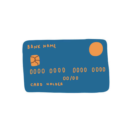 Vector illustration of bank card. Credit debit card in cartoon hand drawn flat style isolated on white backgroundのイラスト素材