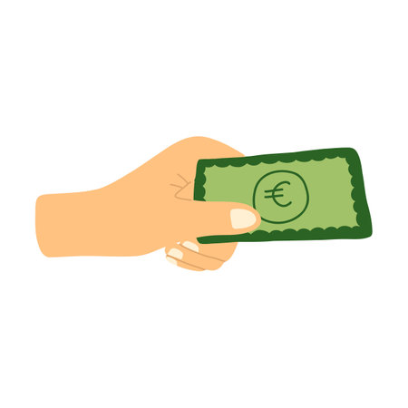 Vector illustration of hand giving money, pay for something in cartoon hand drawn style. Economy, investment, banking concept on white background.のイラスト素材