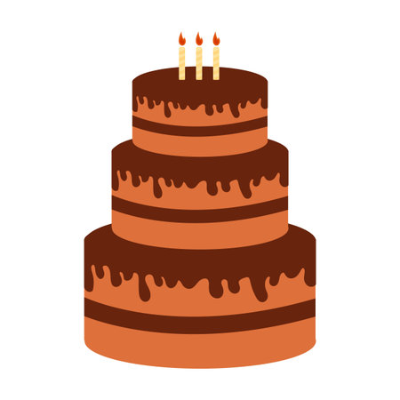 Vector illustration of chocolate birthday cake with candles in flat cartoon style. Delicious dessert...