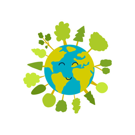 vector illustration of Earth planet with trees around in cartoon hand drawn style. Concept of save...