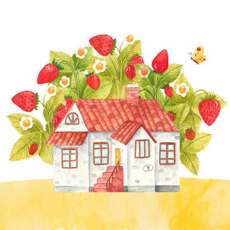 Hand drawn watercolor lodge house surrounded by strawberry branches isolated on white background. Summer rural lodge in the meadow among the greenery of fresh berries with leaves and flowerの写真素材