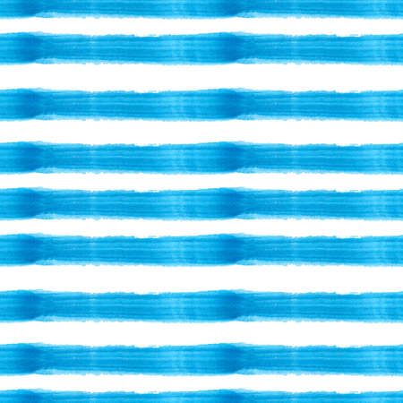 Seamless watercolor pattern with blue geometric elements on a white background. Hand drawn brushstroke ethnic ornament, striped marine motif wallpaperの写真素材