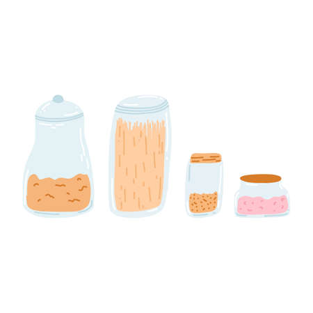 Set of glass jars with cereals in cartoon flat style. Reusable eco ware for storage of cereals, pasta, jams, legumes. Zero waste concept. Doodle vector illustrationのイラスト素材
