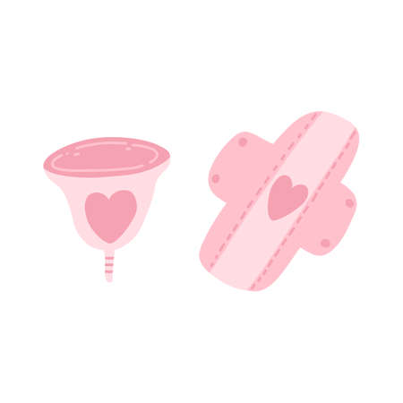 Menstrual period use cup and reusable sanitary pads in cartoon flat style. Vector illustration of zero waste hygiene device for feminine menstruation period on white backgroundのイラスト素材