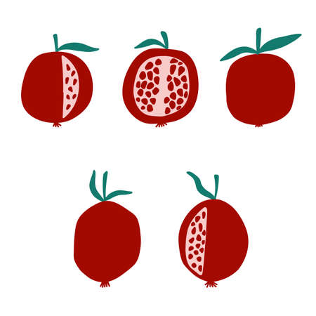 Set of pomegranate with green leaf and red seeds in cartoon flat style on white background. Vector illustration of colorful fresh fruitのイラスト素材