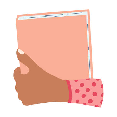 Hand with book in cartoon flat style. Concept of World book day, studying, learning . Vector illustration of open dictionary, encyclopedias, planner.のイラスト素材