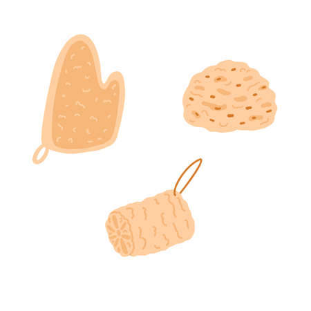 Eco friendly bathroom accessories in cartoon flat style. Zero waste glove sponge for body, sea sponge, loofah. Vector illustration of reusable productsのイラスト素材