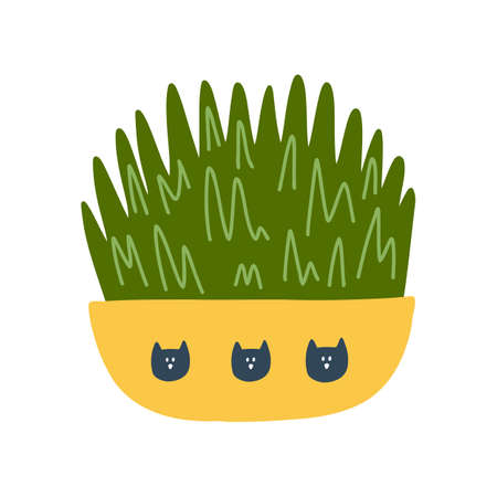 Cat grass in pot in cartoon flat style. Vector illustration of kitten accessories, cat health supplement isolated on white backgroundのイラスト素材