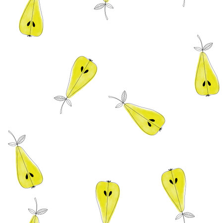 Watercolor pear seamless pattern on white background. Cute doodle summer fruit wallpaper. Modern...