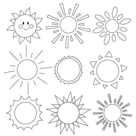 Set of doodle cartoon sun. Vector line art illustration,  children coloring pageのイラスト素材