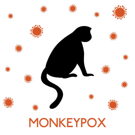 Vector illustration of monkey black silhouette and virus cells in flat style isolated on white background. Monkeypox virus disease conceptのイラスト素材