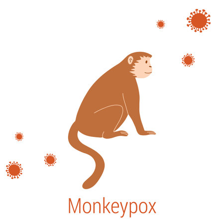 Vector illustration of monkey and virus cells in flat style isolated on white background. Monkeypox...