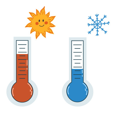 Vector illustration with thermometers in flat style isolated on white. Hot and cold weather icons, summer heat, global warming, heat wave, frosts, temperature dropsのイラスト素材