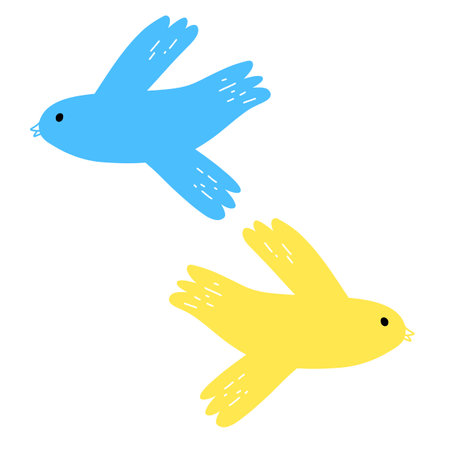 Vector illustration of dove in cartoon flat style. Two birds in color of Ukrainian flag. Concept of peace in Ukraineのイラスト素材