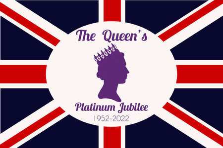 The Queen s Platinum Jubilee celebration. Silhouette profile of Elizabeth in the crown on the British flag background. Vector illustration for social networks, banners, web designのイラスト素材
