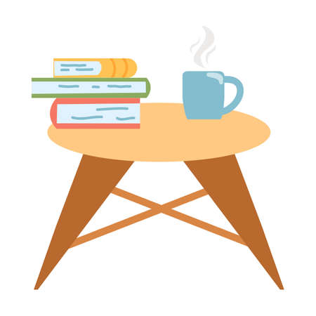 Small table with a stack of books and a cup of coffee or tea in cartoon flat style. vector illustration of interior furniture, cozy home.のイラスト素材