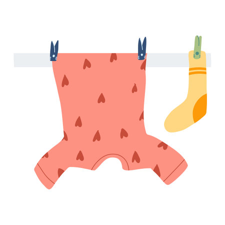Wet clothes hanging and drying on drying rack in cartoon flat style. Vector Illustration of colorful T shirt and socks with clothespins on a rope.のイラスト素材