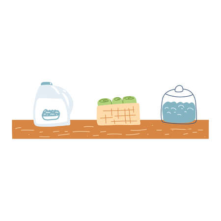 Bathroom shelf with bottles, detergent and towels in cartoon flat style. Vector illustration of cozy modern shelf.のイラスト素材