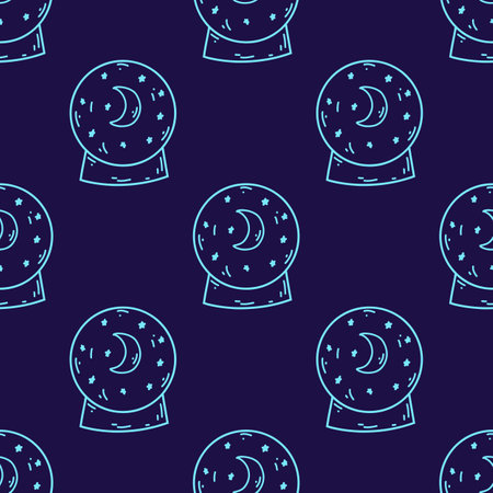 Seamless pattern with doodle neon blue magic ball. Vector illustration of magic witchcraft occult symbol for web and textile design, wrapping papper, card, printのイラスト素材