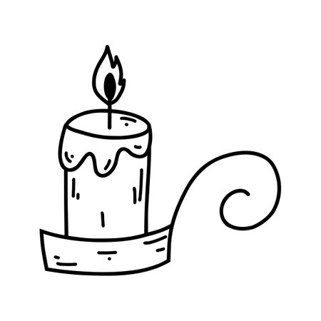 Hand drawn doodle burning candle in in a candlestick. Cartoon element, vector sketch illustration, line art for web design, icon, print, coloring pageのイラスト素材