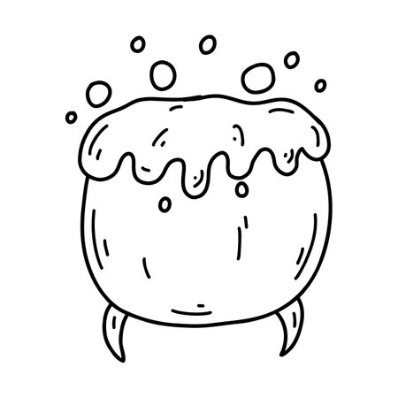 Hand drawn doodle vat with potion. Halloween cartoon element, vector sketch illustration, line art for web design, icon, print, coloring pageのイラスト素材