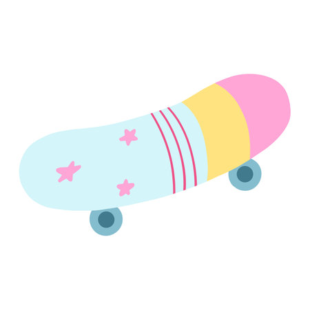 Retro skateboard, girly sticker skate in pink and blue colors. Cartoon vector illustration of extreme sport board in flat style.のイラスト素材