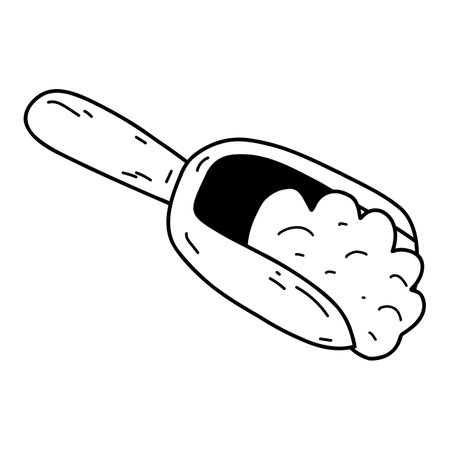 Doodle wooden scoop with flour. Sketch outline vector illustration of cereals, sugar, powder, coconut flakes.のイラスト素材