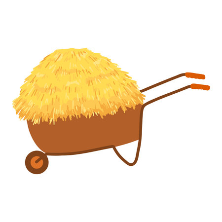 Agricultural haycock and wheelbarrow in cartoon flat style, rural hay rolled stack, dried farm haystack. Vector illustration of fodder straw.のイラスト素材