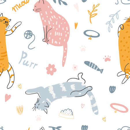 Seamless pattern with cute colorful cats. Hand drawn vector illustration of kittens for wrapping paper, fabric print, kids textile, cover, card designのイラスト素材