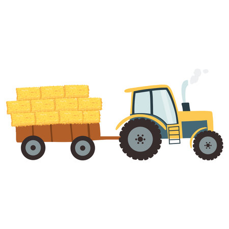 Tractor with agricultural haycock in the trailer in cartoon flat style, rural hay rolled stack, dried farm haystack. Vector illustration of fodder strawのイラスト素材