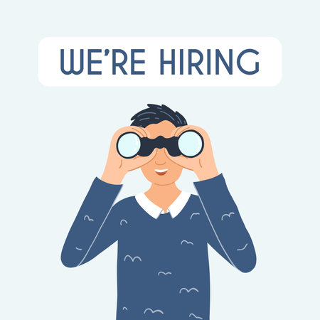 Man with binoculars searching for new employee, work candidates, hired workers. We re hiring concept, job offer, recruitment process. Flat vector illustration isolatedのイラスト素材