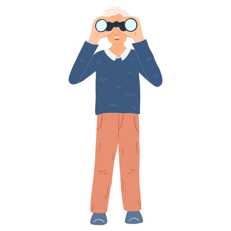 Man search vacancy with binoculars. Male character looking, finding new work opportunities, vacancies, employment, career. Concept of search for information, strategy, frequently asked questionsのイラスト素材