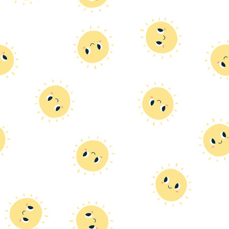 Seamless pattern with smiling kawaii sun. Vector hand drawn texture for wrapping paper, fabric print, kids textile, cover, card designのイラスト素材