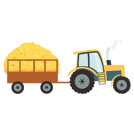 Tractor with agricultural haycock in the trailer in cartoon flat style, rural hay rolled stack, dried farm haystack. Vector illustration of fodder strawのイラスト素材