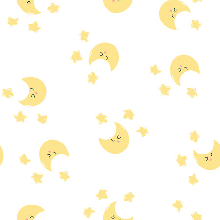 Seamless pattern with cute kawaii moon and stars on white background. Vector hand drawn texture for wrapping paper, fabric print, kids textile, cover, card designのイラスト素材