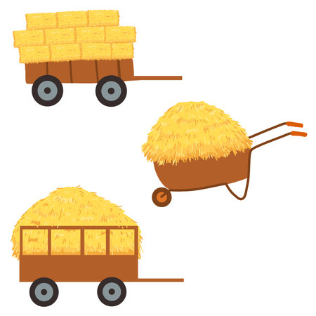Agricultural haycock in the trailer and wheelbarrow in cartoon flat style, rural hay rolled stack, dried farm haystack. Vector illustration of fodder strawのイラスト素材