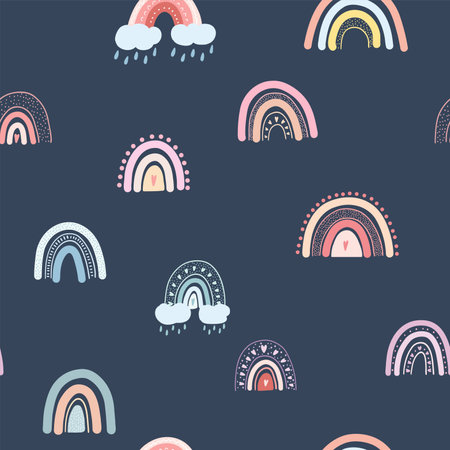 Seamless pattern with hand drawn rainbows, hearts, clouds, raindrops. Vector background with colorful pastel rainbow childish scandinavian style for fabric print, apparel, children textile design, card.のイラスト素材