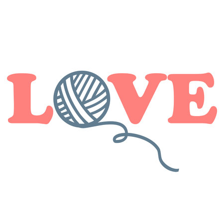 Text love with yarn ball, knitting logo, symbol. Vector illustration of knit icon, lettering. Hobby concept, needlework, leisure timeのイラスト素材