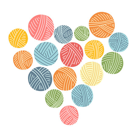 Colorful yarn balls in heart shape. Hand drawn vector illustration of knitting supplies, hobby items, needlework, leisure time conceptのイラスト素材