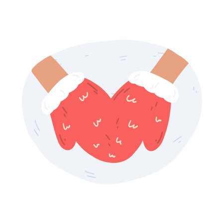 Holding hands couple in one knitted mitten for two in cartoon flat style. Hand drawn vector illustration, concept of love, spending time together outdoors in winter.のイラスト素材