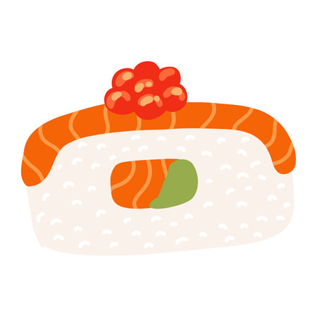 Sushi nigiri with salmon and red caviar in cartoon flat style. Hand drawn Japanese traditional cuisine.のイラスト素材