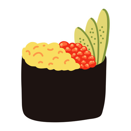 Gunkan sushi with red caviar in cartoon flat style. Hand drawn Japanese traditional cuisine.のイラスト素材