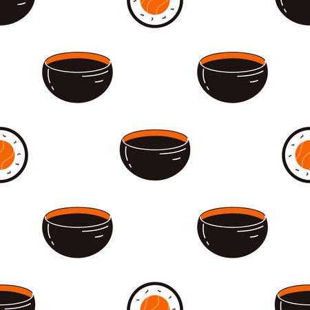 Seamless pattern with sushi and soy sauce. Hand drawn vector background with traditional Japanese cuisineのイラスト素材
