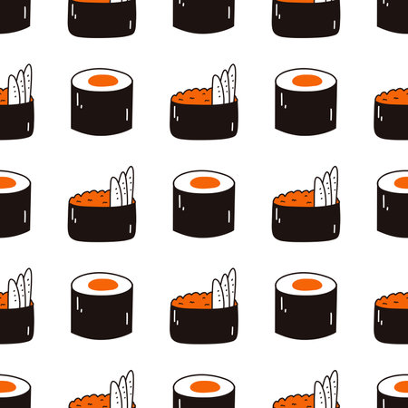 Seamless pattern with sushi. Hand drawn vector background with traditional Japanese cuisineのイラスト素材