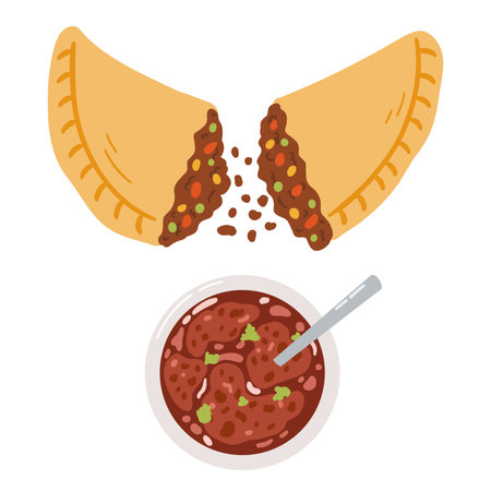 Empanadas in cartoon flat style. Hand drawn vector illustration of traditional Latino America food, folk cuisineのイラスト素材