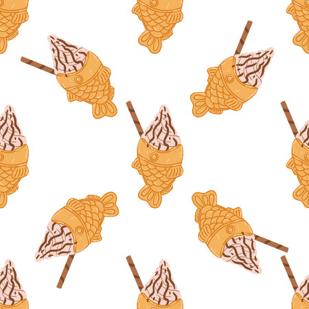 Seamless pattern with taiyaki fish-shaped ice cream cone in cartoon flat style. Hand drawn vector background with traditional Japanese food, sweet, dessert.のイラスト素材