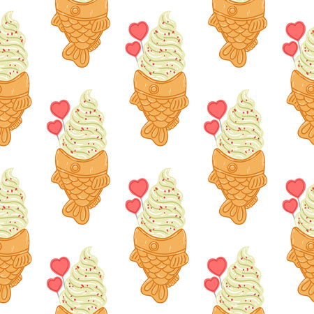 Seamless pattern with taiyaki fish-shaped ice cream cone in cartoon flat style. Hand drawn vector background with traditional Japanese food, sweet, dessert.のイラスト素材