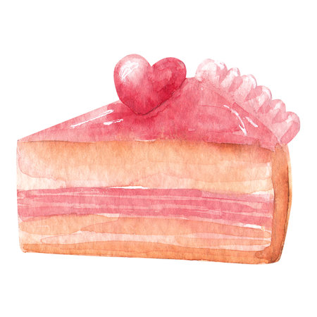 Hand drawn watercolor pink cake with heart. Sweet food, delicious dessert for card, print, logo, sticker.の写真素材